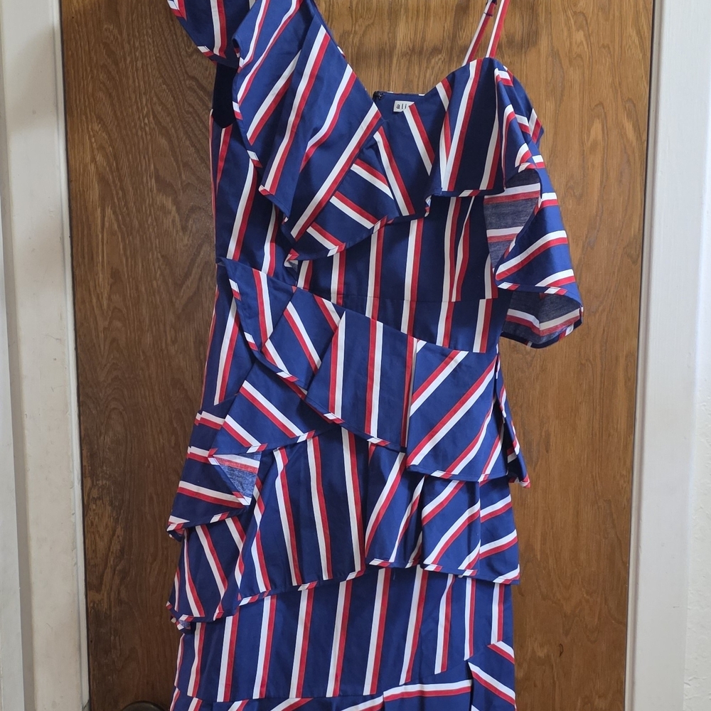 Alice + Olivia Asymmetrical Blue and Red Striped Dress